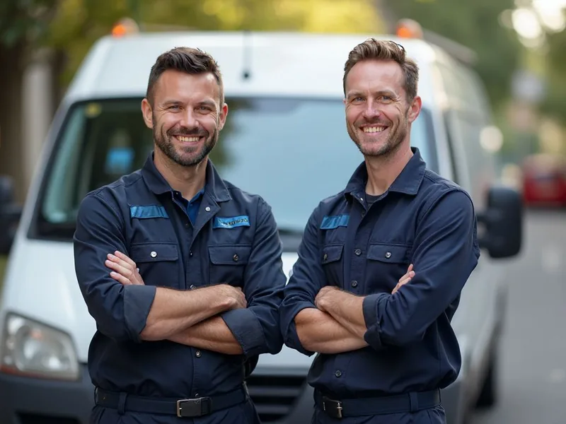 Fachkräfte für Rohrreinigung vor dem Servicefahrzeug in Dallgow-Döberitz