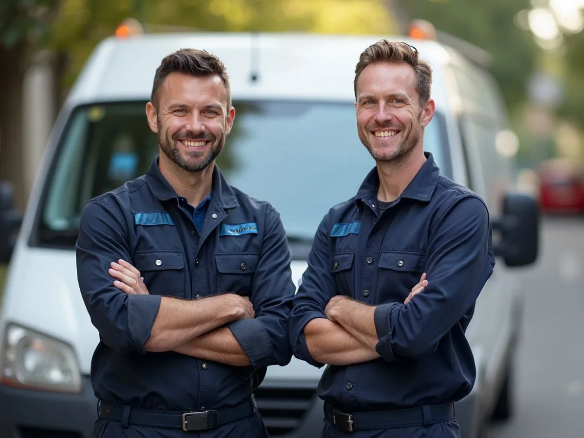 Fachkräfte der CMB Rohrreinigung vor dem Servicefahrzeug